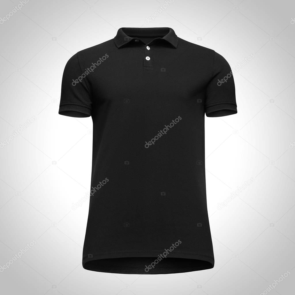 Blank template men black polo shirt short sleeve, front view bottom-up, isolated on gray background with clipping path. Mockup concept t-shirt for design and print