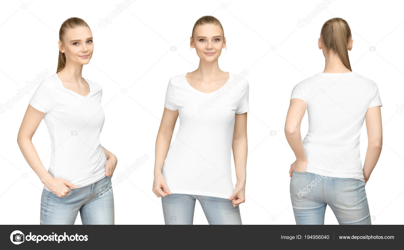 Download Set Promo Pose Girl In Blank White Tshirt Mockup Design For Print And Concept Template Young Woman In T Shirt Front And Side Back View Isolated White Background With Clipping Path Royalty Free