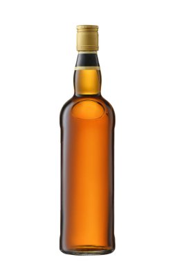 Önden Görünüm tam viski, konyak, kırpma yolu ile beyaz arka plan üzerinde izole konyak şişesi