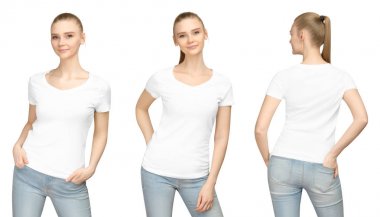 Set promo poz kız boş beyaz tshirt mockup tasarım baskı ve kavram şablon genç kadın T-shirt ön ve yan geri kırpma yoluyla izole beyaz arka plan görüntülemek için