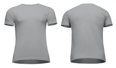 Boş şablon erkek gri t-shirt kısa kollu, ön ve arkadan görünüm aşağıdan yukarıya, kırpma yolu ile beyaz arka plan üzerinde izole. Mockup kavramı tshirt tasarım ve baskı için