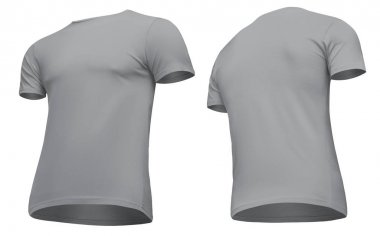 Boş şablon erkek t-shirt kısa kollu, ön ve arkadan görünüm yarısı izole kırpma yolu beyaz zemin üzerine çevirmek aşağıdan yukarıya, gri. Mockup kavramı tshirt tasarım ve baskı için