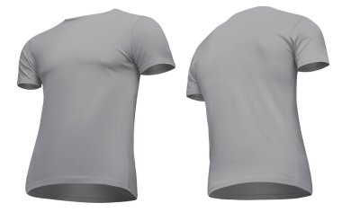 Blank template men grey t-shirt short sleeve, front and back view half turn bottom-up, isolated on white background with clipping path. Mockup concept tshirt for design and print clipart