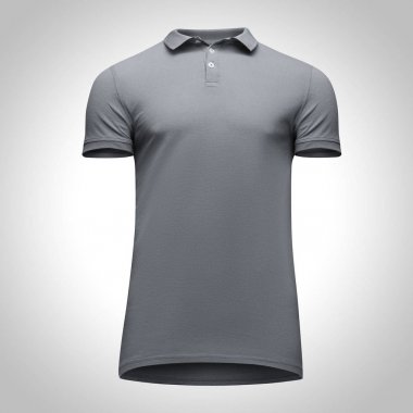 Boş şablon erkek gri polo gömlek kısa kollu, önden görünüm aşağıdan yukarıya, kırpma yolu ile gri arka plan üzerinde izole. Mockup konsept tasarım ve baskı için t-shirt