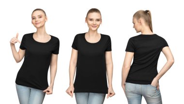 Set promo poz kız boş siyah tshirt mockup tasarım baskı ve kavram şablon genç kadın T-shirt ön ve yan geri kırpma yoluyla izole beyaz arka plan görüntülemek için