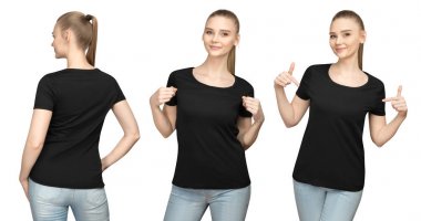 Set promo poz kız boş siyah tshirt mockup tasarım baskı ve kavram şablon genç kadın T-shirt ön ve yan geri kırpma yoluyla izole beyaz arka plan görüntülemek için