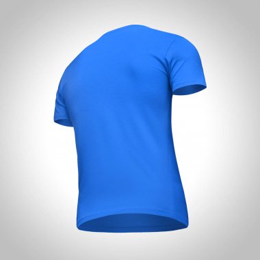 Boş şablon erkekler mavi t gömlek kısa kollu, arka alt-up yarım dönüş, kırpma yolu ile gri arka plan üzerinde izole görüntüleyin. Mockup kavramı tshirt tasarım ve baskı için