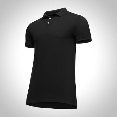 Boş şablon erkekler siyah polo gömlek kısa kollu, önden görünüm yarısı izole kırpma yoluyla gri arka plan üzerinde aşağıdan yukarıya, açın. Mockup konsept tasarım ve baskı için t-shirt