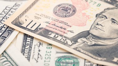 Closeup Amerikan parası 20 dolarlık banknot. Alexander Hamilton portre, bize 10 doları banknot parçası makro