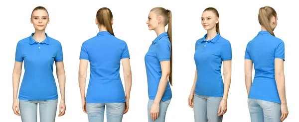 Set promo posa ragazza in bianco blu polo mockup design per la stampa e modello di concetto giovane donna in T-shirt anteriore e laterale posteriore vista isolato sfondo bianco con percorso di ritaglio — Foto Stock