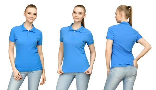 Установить промо позирует девушка в голубой рубашке поло макет дизайн для печати и концепции соблазнить молодую женщину в футболке спереди и сбоку вид сзади изолированный белый фон с вырезанием пути — стоковое фото