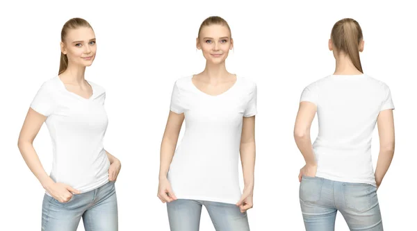 Набор промо позирует девушка в белоснежной футболке макета дизайна для печати и концепции соблазняет молодую женщину в футболке спереди и сзади вид изолированный белый фон с вырезанием пути — стоковое фото