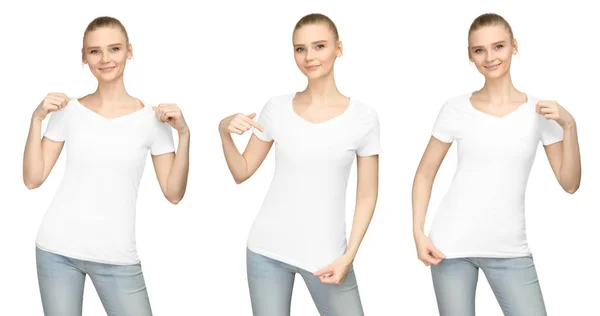 Set promo pose girl in blank white tshirt mockup design for print and concept template young woman in T-shirt front and half turn side view isolated white background with clipping path — Stock Photo, Image