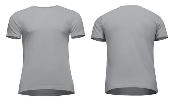 Prázdná šablona muži šedé tričko s krátkým rukávem, přední a zadní pohled zdola nahoru, izolované na bílém pozadí s ořezovou cestou. Maketa koncept tričko pro návrh a tisk — Stock fotografie