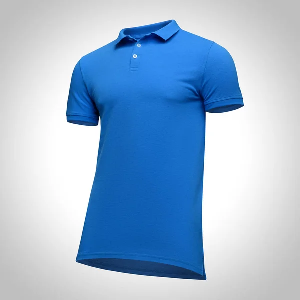 Κενό πρότυπο μπλε πουκάμισο πόλο ανδρών κοντό μανίκι, πρόσοψη μισή στροφή κάτω προς τα πάνω, απομονώνονται σε γκρι φόντο με διαδρομή αποκοπής. Κοροϊδεύω έννοια t-shirt για σχεδιασμό και εκτύπωση — Φωτογραφία Αρχείου
