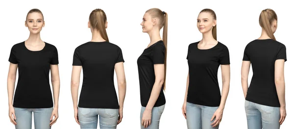 Set promo pose girl in blank black tshirt mockup design for print and concept template young woman in T-shirt front and half turn side view isolated white background with clipping path — стоковое фото