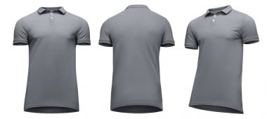 Boş şablon erkek polo gömlek kısa kollu, ön ve arkadan görünüm yarısı izole kırpma yolu beyaz zemin üzerine çevirmek aşağıdan yukarıya, gri. Mockup kavramı t gömlek tasarım ve baskı için