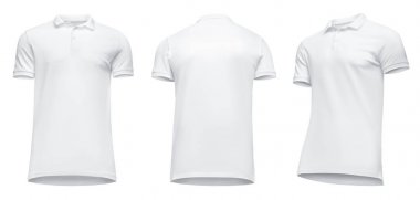 Boş şablon erkekler beyaz polo gömlek kısa kollu, önden görünüm yarısı izole kırpma yolu ile beyaz arka plan üzerinde aşağıdan yukarıya, açın. Mockup konsept tasarım ve baskı için t-shirt
