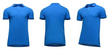 Boş şablon erkek polo gömlek kısa kollu, ön ve arkadan görünüm yarısı izole kırpma yolu beyaz zemin üzerine çevirmek aşağıdan yukarıya, mavi. Mockup konsept tasarım ve baskı için t-shirt