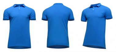 Blank template men blue polo shirt short sleeve, front and back view half turn bottom-up, isolated on white background with clipping path. Mockup concept t-shirt for design and print clipart