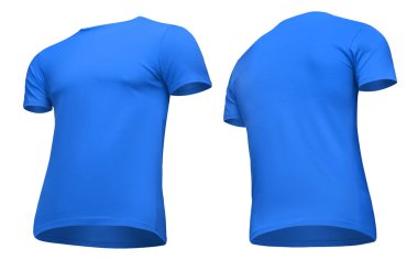 Blank template men blue t shirt short sleeve, front and back view half turn bottom-up, isolated on white background with clipping path. Mockup concept tshirt for design and print clipart