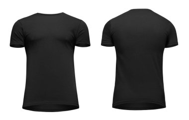 Boş şablon erkekler siyah t gömlek kısa kollu, ön ve arkadan görünüm aşağıdan yukarıya, kırpma yolu ile beyaz arka plan üzerinde izole. Mockup kavramı tshirt tasarım ve baskı için