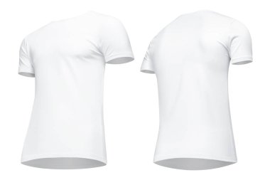 Boş şablon erkekler beyaz t gömlek kısa kollu, ön ve arkadan görünüm yarısı izole kırpma yolu ile beyaz arka plan üzerinde aşağıdan yukarıya, açın. Mockup kavramı tshirt tasarım ve baskı için