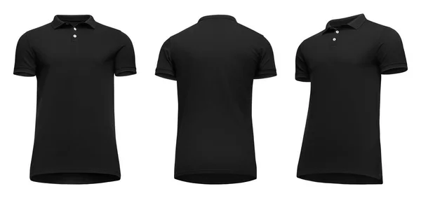 Boş şablon erkekler siyah polo gömlek kısa kollu, ön ve arkadan görünüm yarısı izole kırpma yolu ile beyaz arka plan üzerinde aşağıdan yukarıya, açın. Mockup konsept tasarım ve baskı için t-shirt — Stok fotoğraf