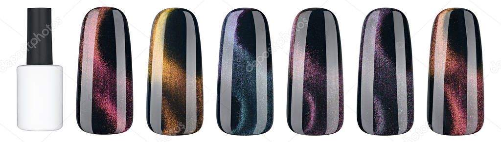 Nail polish in different fashion color. Colorful cats eye 3D nail lacquer in tips and mock-up blank bottle isolated white background