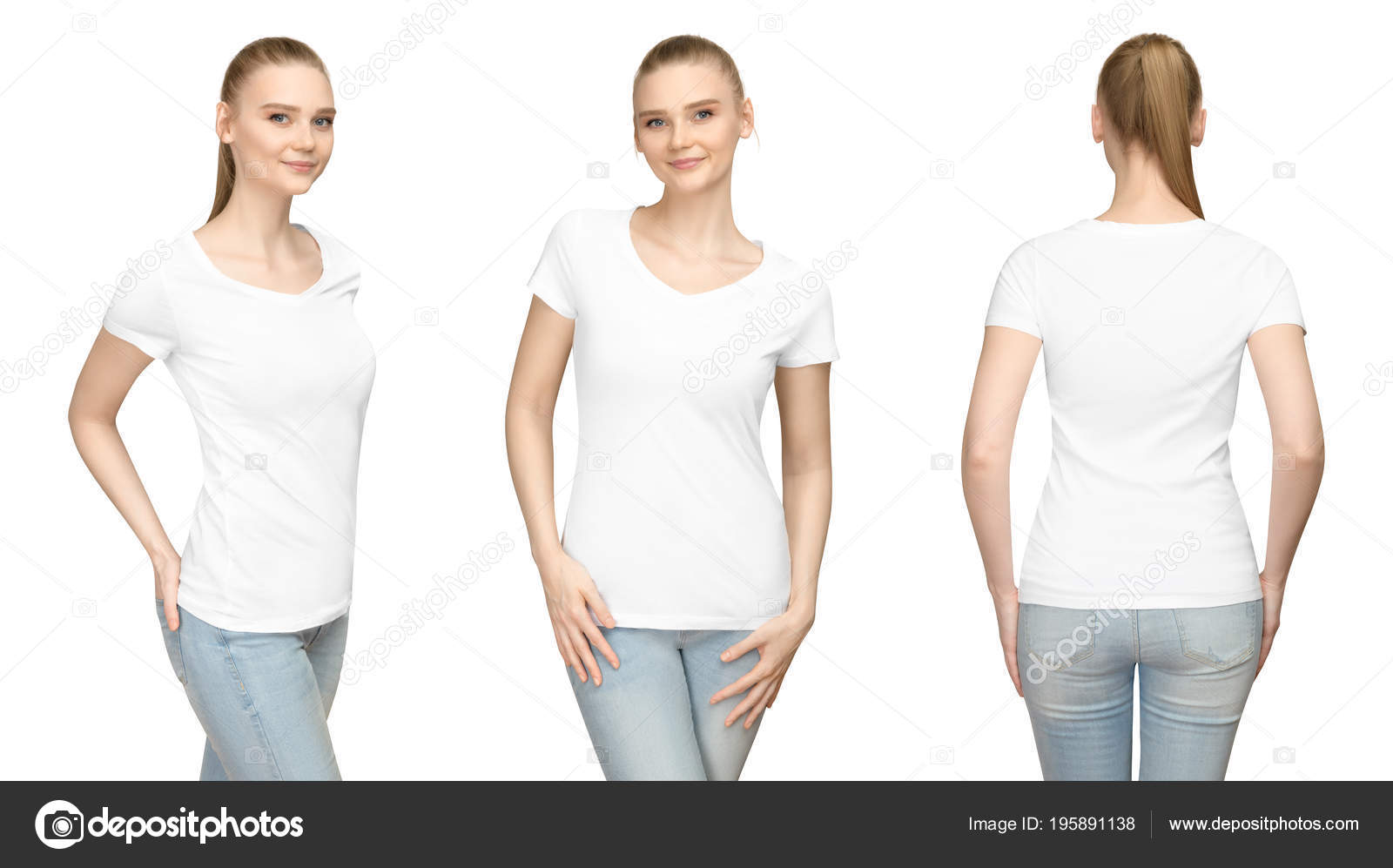 Download Set Promo Pose Girl In Blank White Tshirt Mockup Design For Print And Concept Template Young Woman In T Shirt Front And Side Back View Isolated White Background With Clipping Path Stock