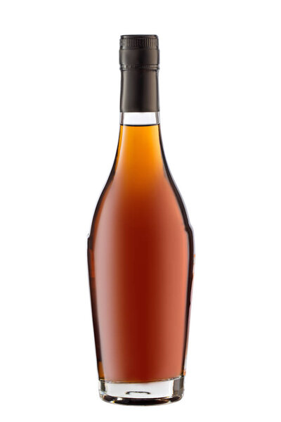 Front view full whiskey, cognac, brandy bottle isolated on white background with clipping path