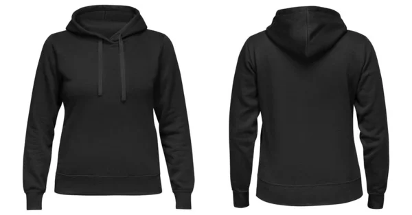 Zwarte vrouwelijke hoodie sweater met lange mouw, dames hoody met capuchon voor uw design mockup voor print, geïsoleerd op witte achtergrond. Template sport pullover voor- en achteraanzicht — Stockfoto