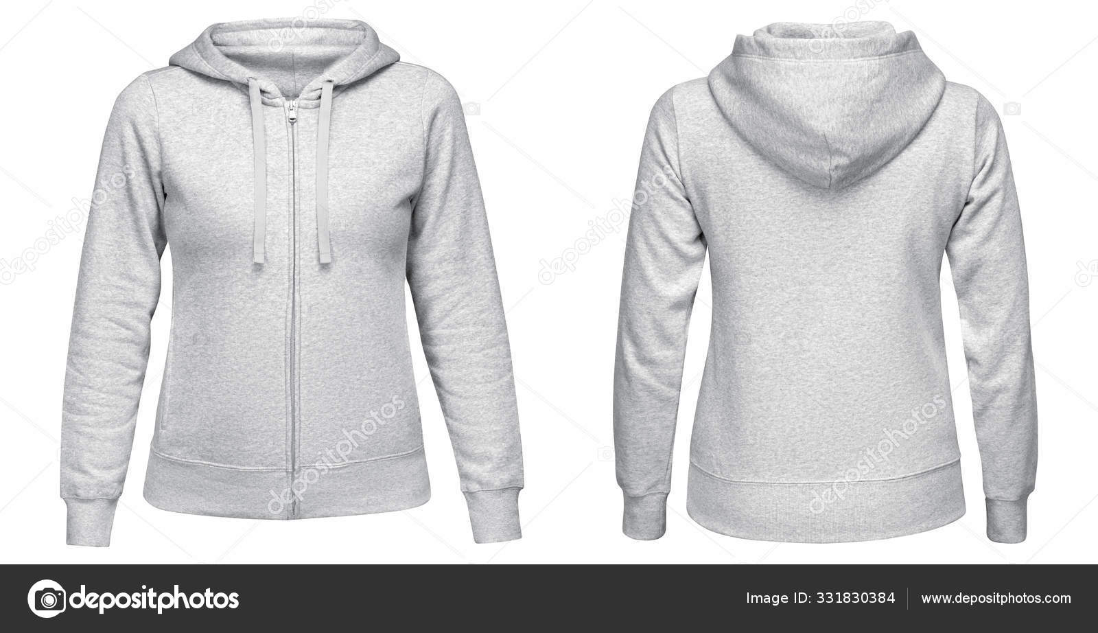 Download Gray Female Hoodie Sweatshirt With Zipper And Long Sleeve Women Hoody With Hood For Your Design Mockup For Print Isolated On White Background Template Sport Pullover Front And Back View Stock