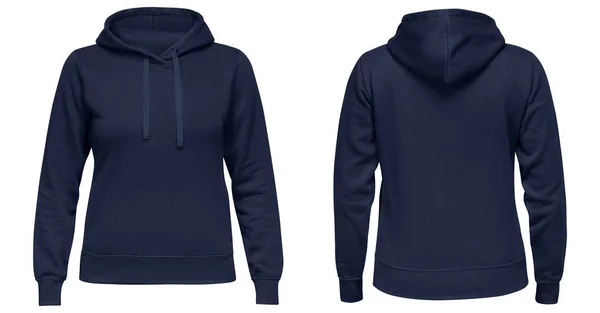 Blauwe vrouwelijke hoodie sweater met lange mouw, dames hoody met capuchon voor uw design mockup voor print, geïsoleerd op witte achtergrond. Template sport pullover voor- en achteraanzicht — Stockfoto