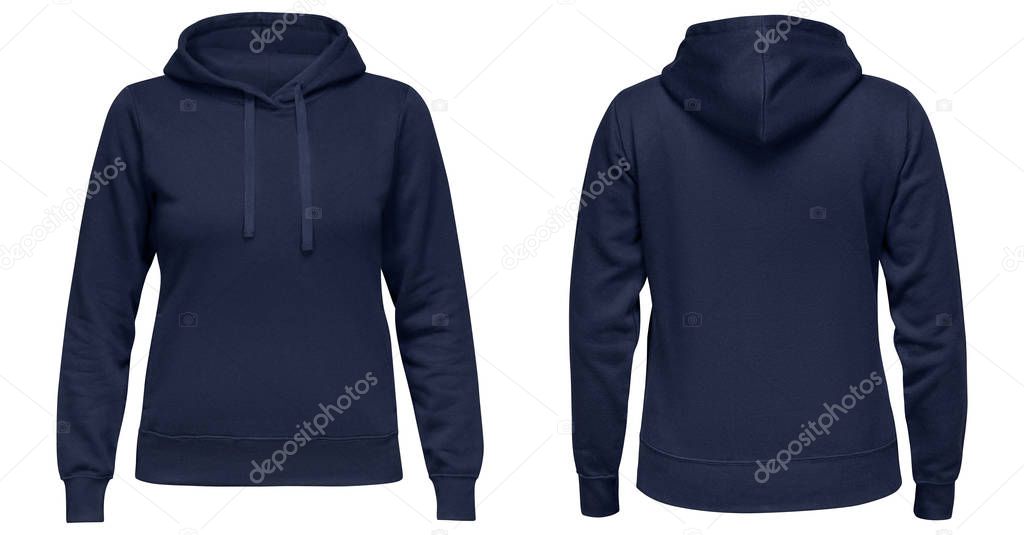 Blue female hoodie sweatshirt with long sleeve, women hoody with hood for your design mockup for print, isolated on white background. Template sport pullover front and back view