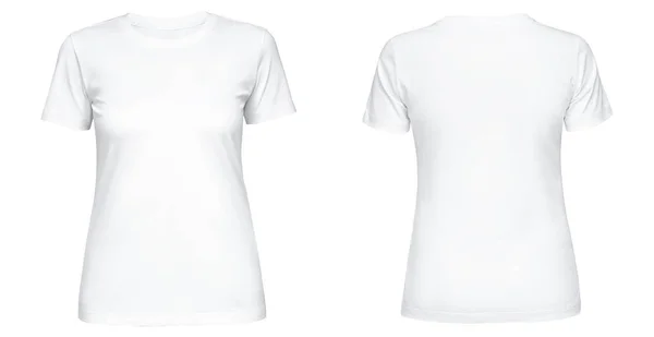 Blank biały żeński t koszula szablon z przodu i z tyłu widok z boku izolowany na białym tle. T-shirt design makieta do korzystania z promocji — Zdjęcie stockowe