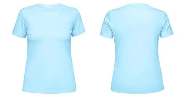 白い背景に隔離された空白の青い女性のtシャツのテンプレートの前面と背面側のビュー。販促用Tシャツデザインモックアップ — ストック写真