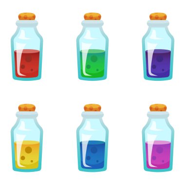Renkli iksir şişesi Icons set. Oyun tasarımı ve web uygulaması için varlıkları ayarla. 