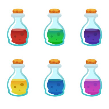 Renkli iksir şişesi Icons set. Oyun tasarımı ve web uygulaması için varlıkları ayarla. 