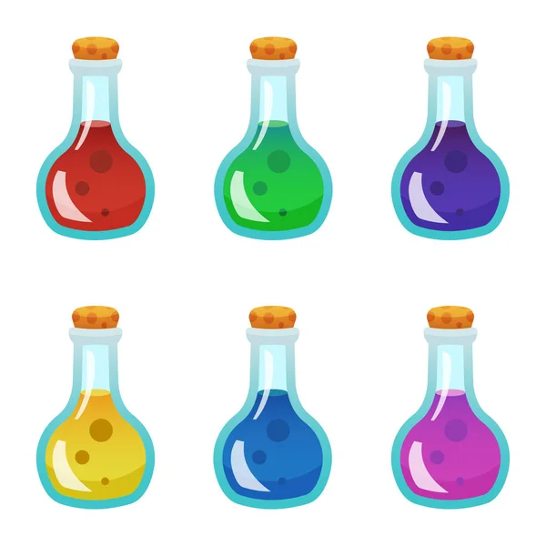 Färgglada potion flaska ikoner set. Tillgångar för speldesign och webbprogram. — Stock vektor