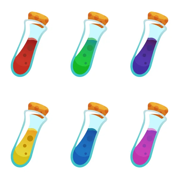 Conjunto de iconos coloridos de la botella de poción. Conjunto de activos para diseño de juegos y aplicaciones web . — Archivo Imágenes Vectoriales