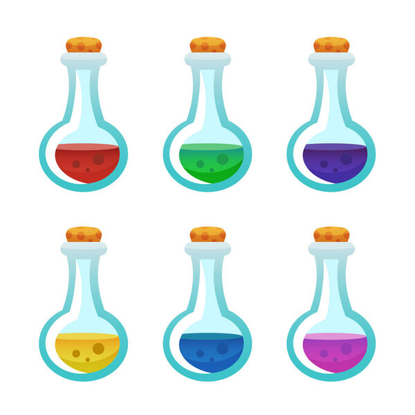 Colorful potion bottle icons set. Assets set for game design and web application. 
