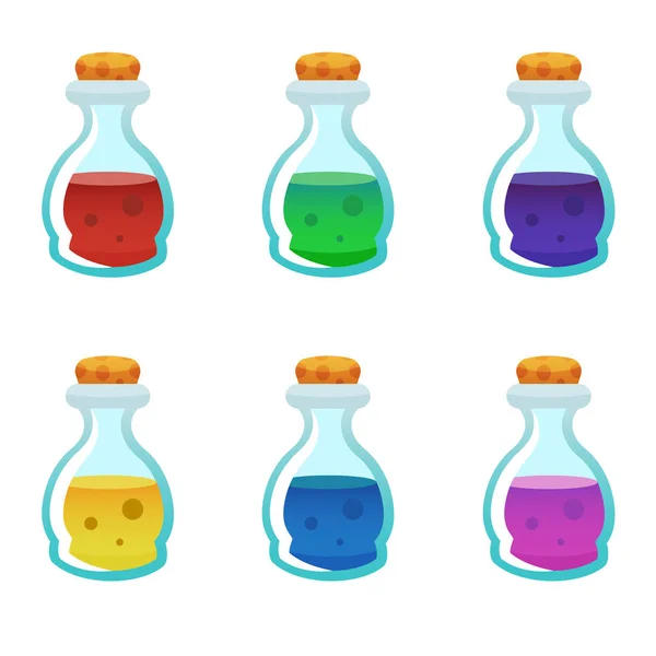 Conjunto de iconos coloridos de la botella de poción. Conjunto de activos para diseño de juegos y aplicaciones web . — Archivo Imágenes Vectoriales