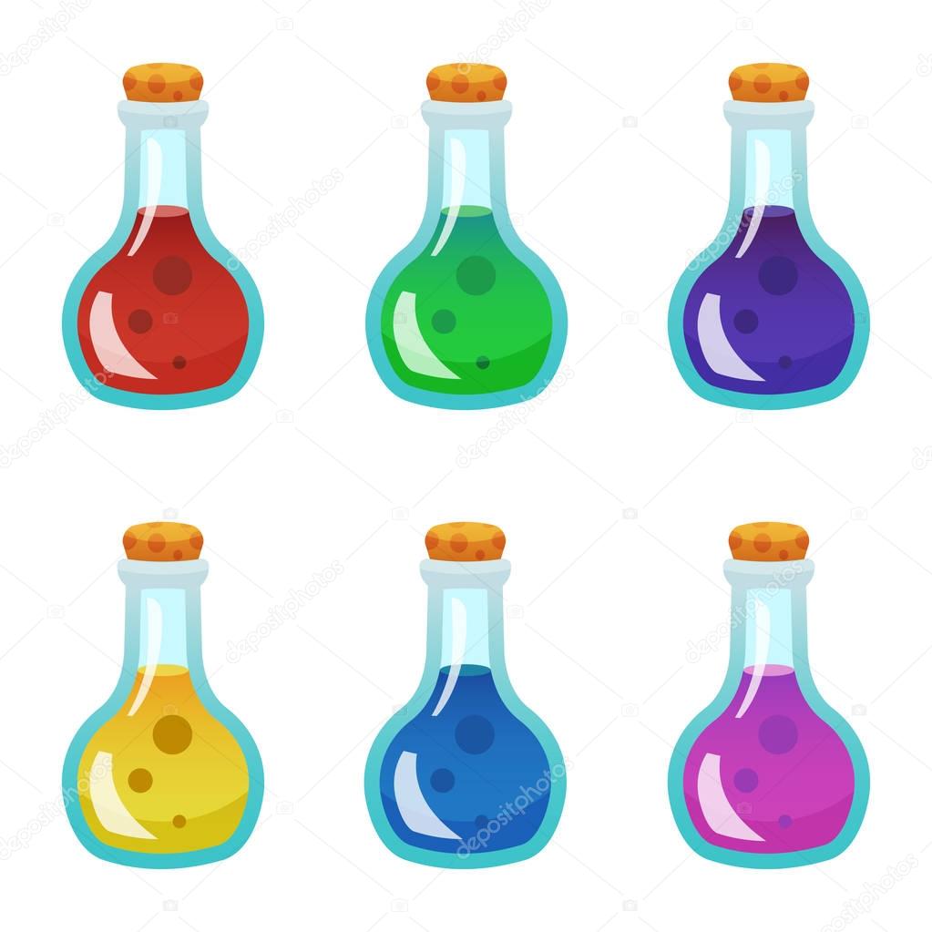 Colorful potion bottle icons set. Assets set for game design and web application. 