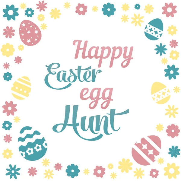 Ilustración colorida con el título Happy Easter Egg Hunt y flores sobre fondo blanco . — Archivo Imágenes Vectoriales