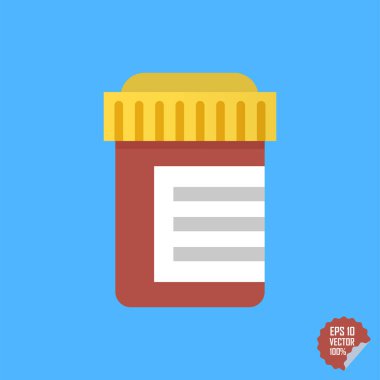 Hapı şişe vektör çizim. Düz stil içinde ilaç şişesi. Renk arka plan üzerinde izole hapı şişe. Reçete şişe.