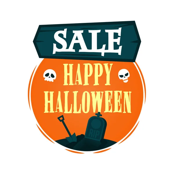 Happy Halloween Sale предлагает дизайн соблазнить. Векторная иллюстрация с деревянным знаком и пустой могилой с лопатой. Изолированная иллюстрация . Векторная Графика