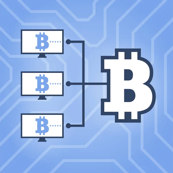 Hogyan működnek a cryptocurrency hálózat lapos rendszer illusztráció. Számítógépek-val Bitcoin jel-ra hasábburgonya háttér. — Stock Vector