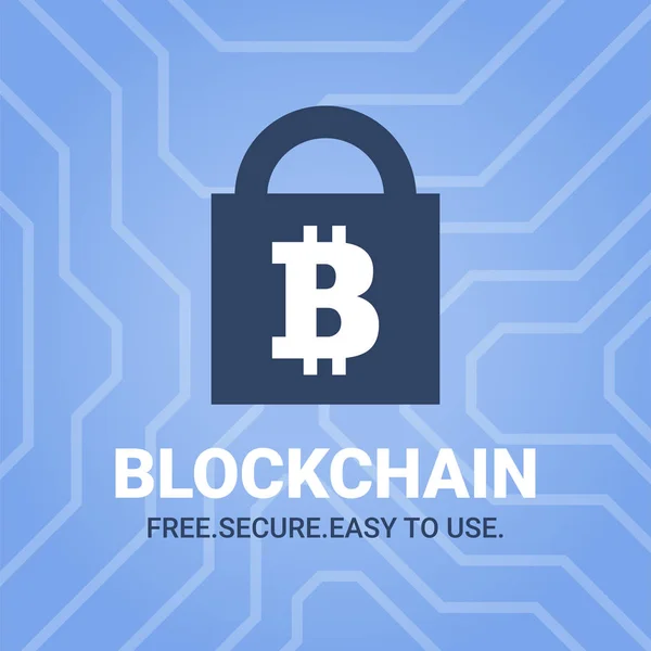 Blockchain ilustração com título no fundo chipset. Bitcoin sinal na imagem de bloqueio . —  Vetores de Stock