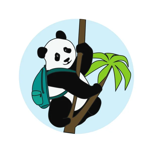 Panda viajero con mochila sentado en una palmera — Vector de stock